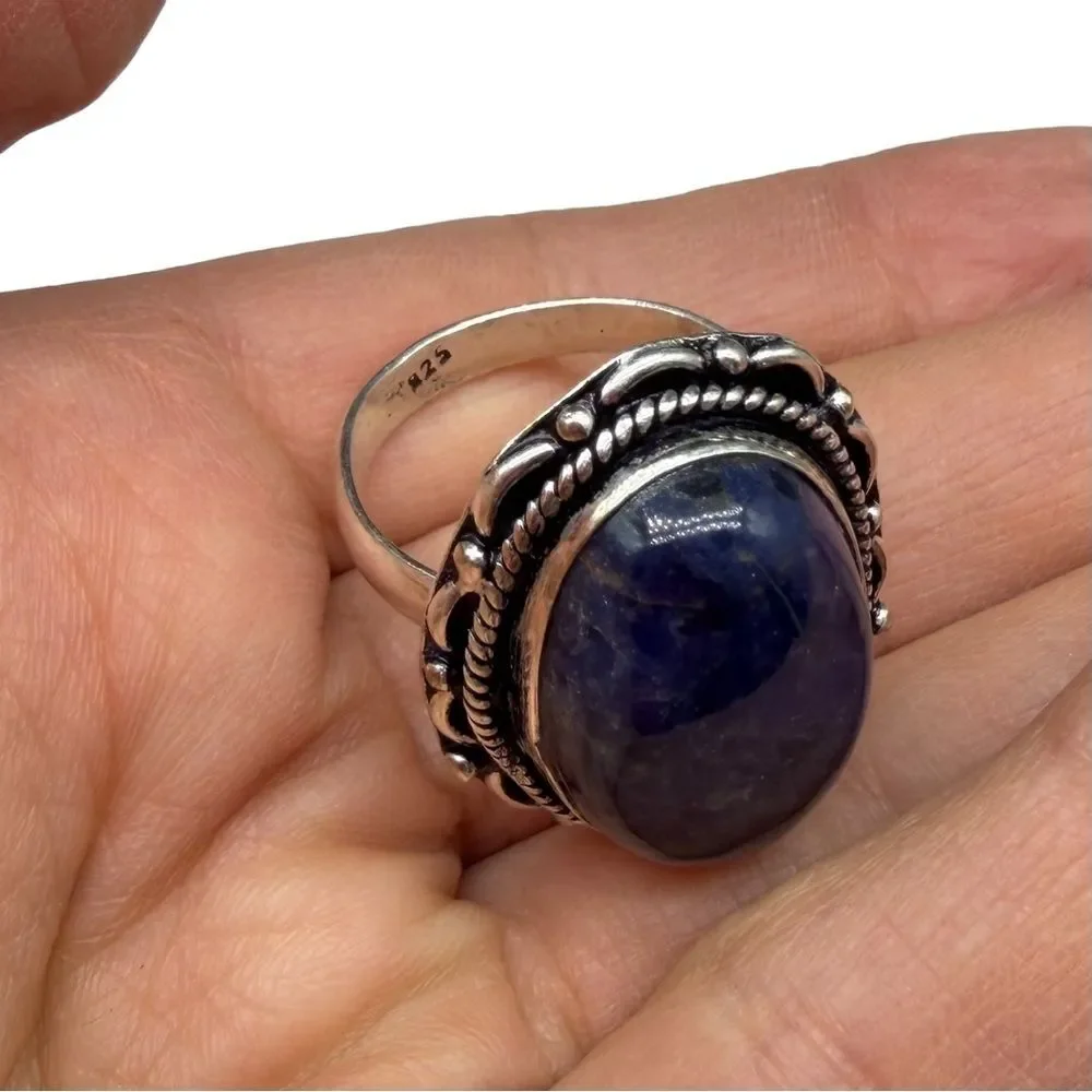 Sodalite Ring Size 10.5 925 Sterling Silver Overlay Oval Stone